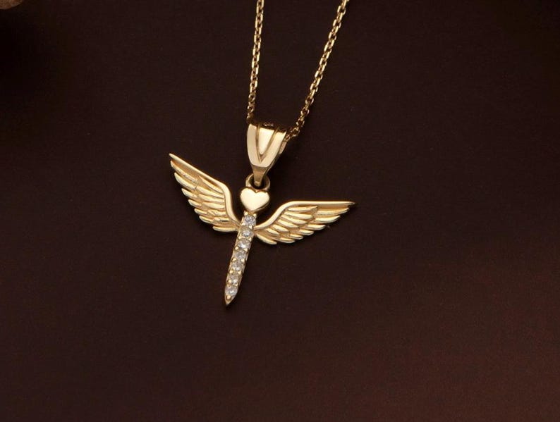 14K Gold Diamond Angel Pendant Necklace: Elegant Wing Charm image 3
