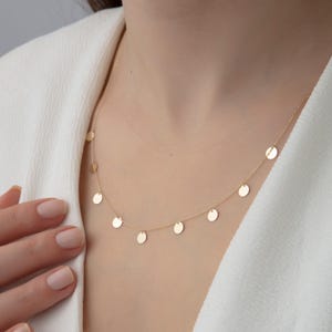 14K Gold Coin Drop Necklace: Dainty Minimalist Satellite Chain