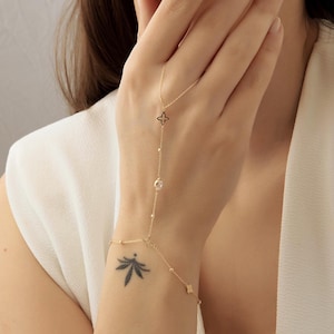 14K Solid Gold Hand Chain Bracelet: Dainty Minimalist Shahmaran