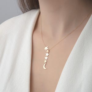 14K Gold Multi Star Moon Pendant Necklace - Dainty Celestial Jewelry