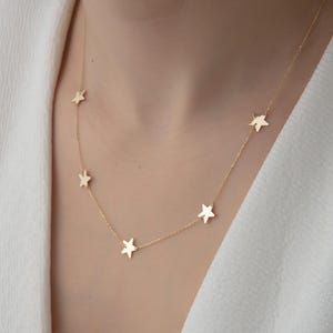 Solid Gold Star Necklace for Women, 14K Celestial Layering Necklace, Yellow Gold Multi Star Pendant, Choker Necklace, Jewelry Gift for Her