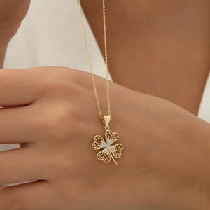 14k Solid Gold Clover Necklace: CZ Shamrock Pendant