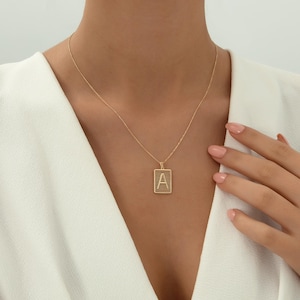 14K Solid Gold Initial Necklace: Personalized Rectangle Letter Pendant
