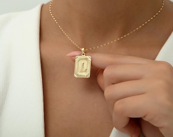 14K Solid Gold Initial Necklace: Personalized Rectangle Letter Pendant