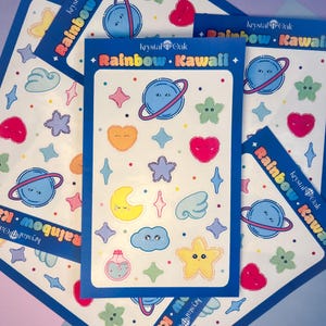 Rainbow Kawaii Stickers, Cute Cosmic Sticker Sheet for Journals, Planners, Scrapbooking, Bullet Journal, Aesthetic Stationery Supplies
