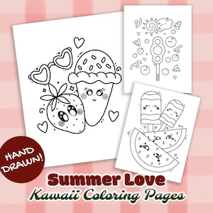 Summer Kawaii Coloring Pages, Cute Coloring Sheets, Simple & Cozy Activity Pages, Relaxing Fun with Adorable Summer Treats, Hand Drawn