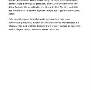 May include: A German language worksheet with the title "Einleitung" and text explaining that the worksheet is a guide for personal development. The text encourages the user to take their time and complete the worksheet at their own pace.