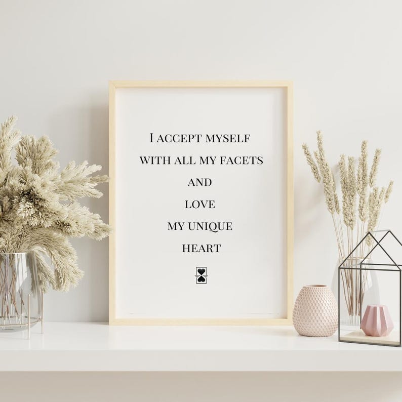 Zelfliefde poster met hart, affirmatie muurfoto mindfulness, cadeau vriendin, positieve spreuken decoratie, premium papier poster, poster spreuk afbeelding 1
