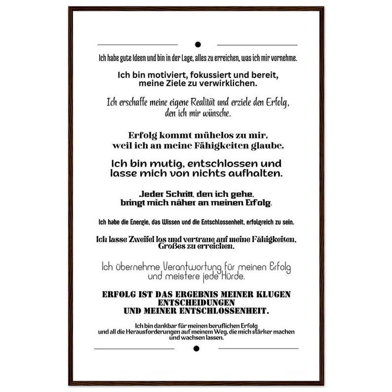 Motivationsposter Affirmationen Erfolg Selbstvertrauen Holzrahmen Wandbild Büro Coaching Geschenk Inspiration Premium Mattes Papier 60x90 cm / 24x36″