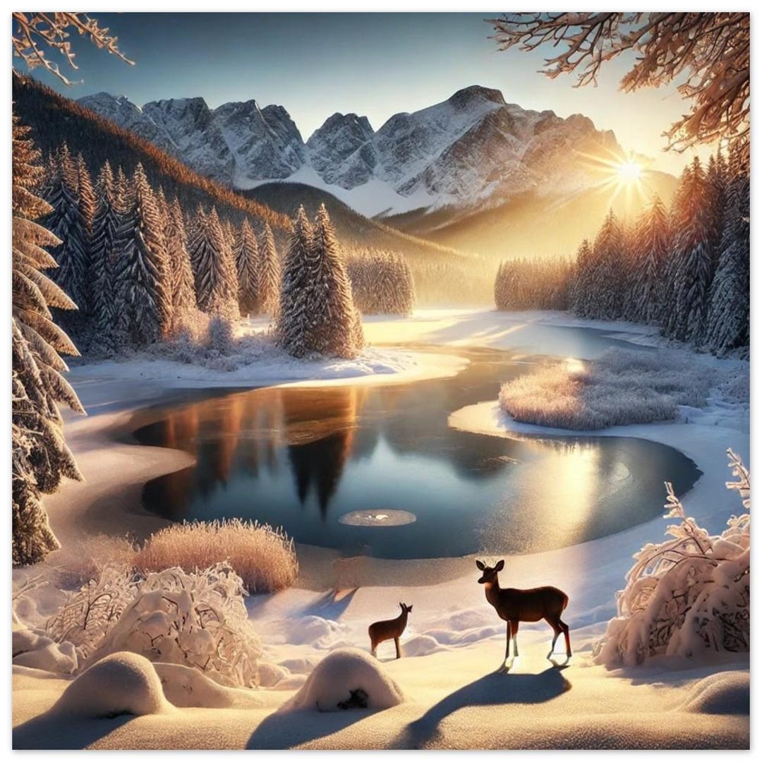 Winter Wonderland Scenic Landscape Poster Serene Snowy Forest With Deer ...