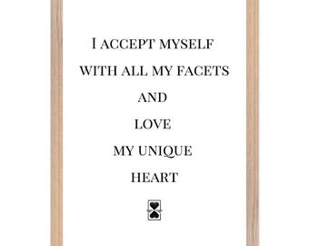 Selbstliebe Poster mit Herz, Affirmation Wandbild, Achtsamkeit Deko, Holzrahmen Bild, Minimalistisch, Geschenk Freundin, Poster mit Spruch