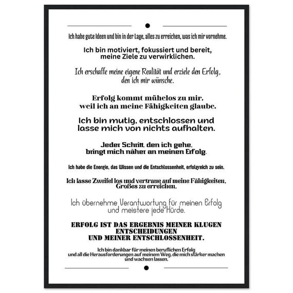 Motivationsposter Affirmationen Erfolg Selbstvertrauen Holzrahmen Wandbild Büro Coaching Geschenk Inspiration Premium Mattes Papier
