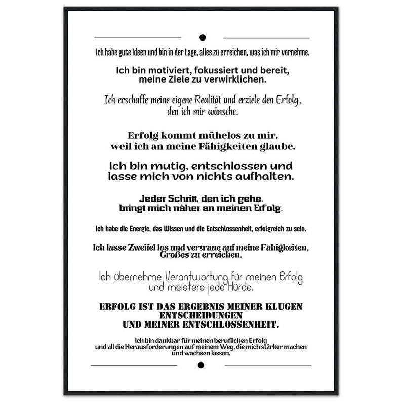 Motivationsposter Affirmationen Erfolg Selbstvertrauen Holzrahmen Wandbild Büro Coaching Geschenk Inspiration Premium Mattes Papier 70x100 cm / 28x40″