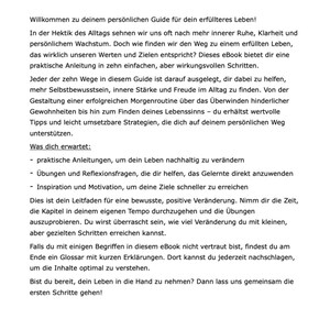 May include: A page from a self-help guide titled "Einleitung" with text about finding inner peace and achieving a fulfilling life. The text discusses practical steps and strategies for personal growth.