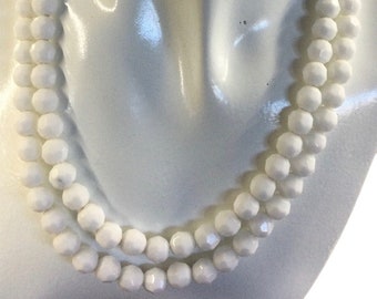 Stunning Bright White Faceted Glass Bead Double Strand Necklace Unsigned 1950’s 1960’s