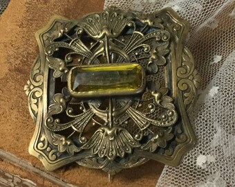 Regal Victorian Era Yellow Glass Stone Antiqued Gold Tone Sash Pin 1900's Ornate Metalwork Long Pin Swirls Florals Scrolls Curves Feminine