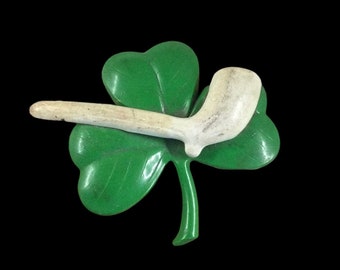 H-iontach Great Celluloid Shamrock and Pipe Brooch Unsigned 1930’s 1940’s Irish Symbol St Patricks Day Jewelry