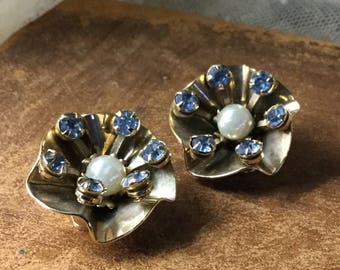 Faux Pearl Sapphire Blue Rhinestone Gold Tone Flower Earrings