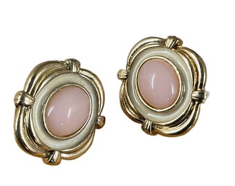 AVON? Soft Pink Lucite Cabochon Off White Enamel Gold Tone Framed Earrings Unsigned Clip On 1970’s 1980’s