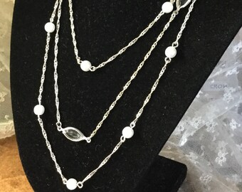 Signed Avon Multi Strand Silver Tone Chain Faux Pearl Crystals Necklace 1970's 1980's Bezel Set Twisted Thin Chain Feminine Woman