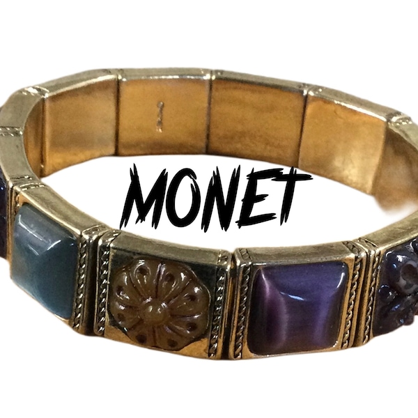 Signed MONET Cabochon Embellished Stretch Bracelet 1970’s 1980’s Gift for Her Day Casual Wear
