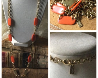 Signed Liz and Co Burnt Orange Lucite Gold Tone Link Chain Necklace Late 1970’s 1980’s