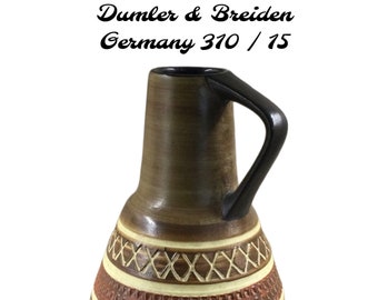 Signed GERMANY 310 / 15 Dumler & Breiden Terra Series Pottery Ceramic Vase 1930’s 1940’s Sgraffito Design Earth Tones with Handle