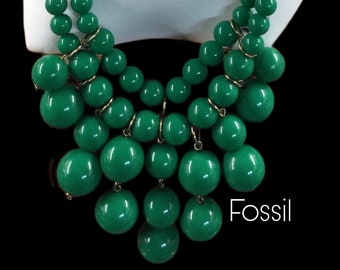Signed FOSSIL Bright Green Lucite Bead Shiny Gold Tone Chunky Chain Bib Necklace 1990’s