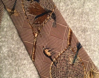 Labeled OUTDOOR LIFE 1990’s Fishing Themed Fat Men’s Silk Neck Tie Brown White Plaid Fishing Lure Net