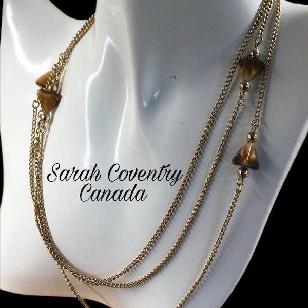 Signed SARAH COVENTRY CANADA Seduction 1977 Faux Tigers Eye Glass Bead Gold Tone Fine Gauge Chain Flapper Necklace