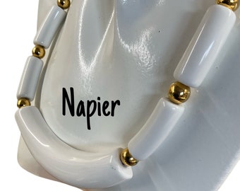 Signed NAPIER Brightest White Lucite Barrel Shaped Bead Bib Necklace 1960’s 1970’s Choker Length