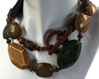 Boho Combo Large Lucite Bead Long Necklace 1990’s Red Green Brown Toggle Clasp