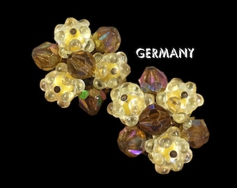 Signed GERMANY Uniquely Detailed Yellow Brown Lucite Clustered Bead Earrings Clip On 1940’s
