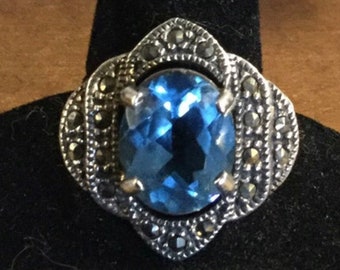 Sterling Silver Marcasite Glass Faceted Blue Stone Ring Size 9