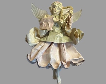 Pastel Hues Papier Mache Angel Figurine Ornament Unsigned 1990’s Shabby Chic Decor Feminine