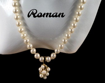 Signed ROMAN Elegant Bright White Knotted Faux Pearl Glass Bead Necklace with Removable Enhancer Pendant 1980’s 1990’s Includes Original Box