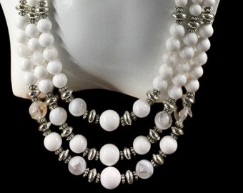 Summer Time Bright White Lucite Silver Tone Bead Three Strand Necklace Unsigned 1950’s 1960’s Mid Century Jewelry