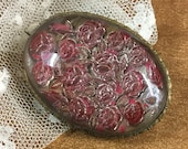 Victorian Brooch Pin Roses Under Lucite Reverse Intaglio Pink Silver