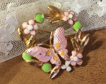 Sweet Pink Green Enamel Flower Painted Butterfly Wreath Brooch Pendant Unsigned 1960’s 1970’s