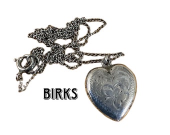 Signed BIRKS Sterling Silver Etched Flower Heart Charm Necklace 1960’s 1970’s 1980’s Slightly Puffy Not a Locket