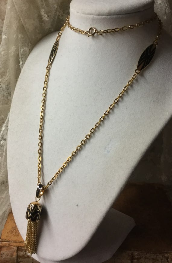 Black Enamel Gold Tone Metal Tassel Pendant Neckl… - image 2