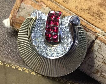 Signed Ciro Ruby Red Clear Pave Rhinestone Dress Clip