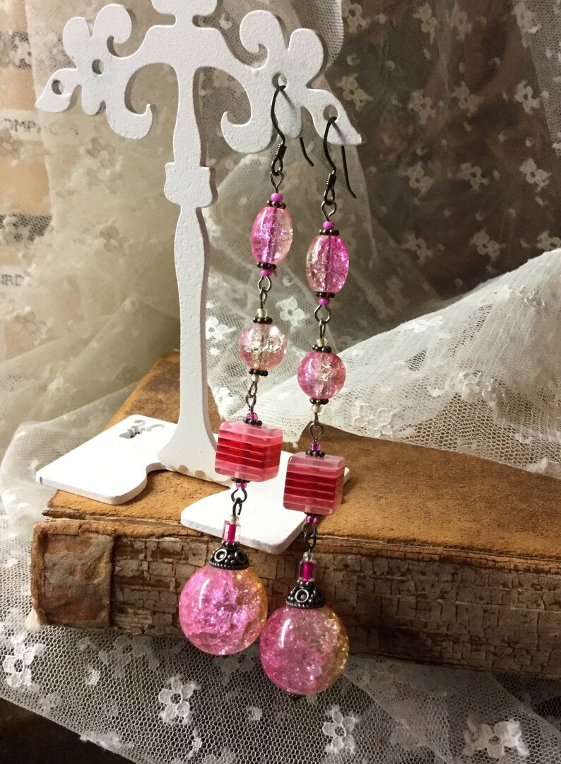 Pink Gold Speckled Glass Striped Furnace Glass Bead Earrings Very Long