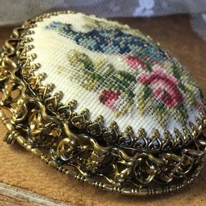 Elegantly Detailed Blue Peacock Red Roses Needlepoint Gold Tone Brooch Pin Unsigned 1920s 1930s image 5