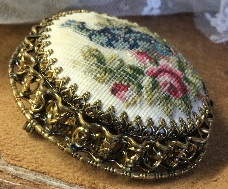 Elegantly Detailed Blue Peacock Red Roses Needlepoint Gold Tone Brooch Pin Unsigned 1920s 1930s image 5