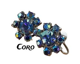 Signed CORO AB Montana Blue Rhinestone Flower Floral Earrings Screwback 1950’s Silver Tone Metal