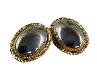 Mixed Metals Gold and Silver Tone Larger Oval Shaped Earrings Unsigned Clip On 1960’s 1970’s