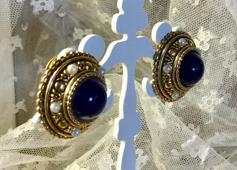 Signed Vendome Faux Lapis Faux Pearl Gold Tone Dome Earrings