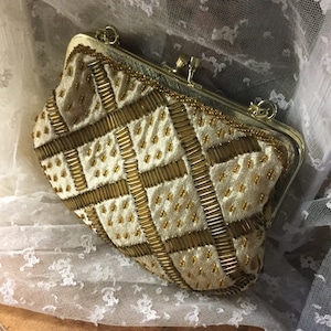Labeled FINE ARTS Bag Yellow Gold Fabric Bead Evening Bag Hong Kong 1950’s