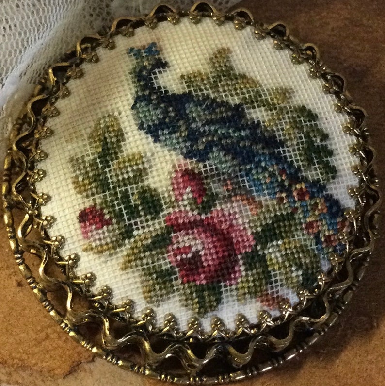 Elegantly Detailed Blue Peacock Red Roses Needlepoint Gold Tone Brooch Pin Unsigned 1920s 1930s image 2